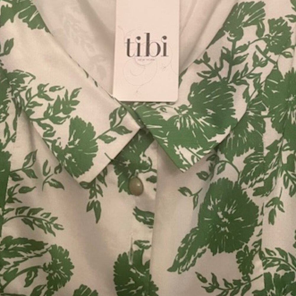 Tibi green and white floral knee length dress with belt